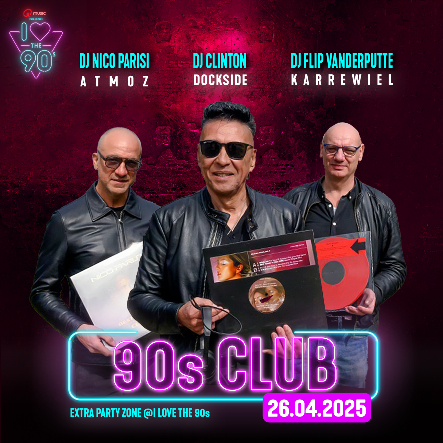 Relive your magical nights at Dockside, Atmoz and Karrewiel in the 90s club at I Love the 90s – The Party. Three legendary DJs bring back the iconic club scene for one unforgettable night!🥳🪩